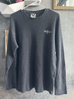 Avirex embroidered skull charcoal Crewneck waffle knit top